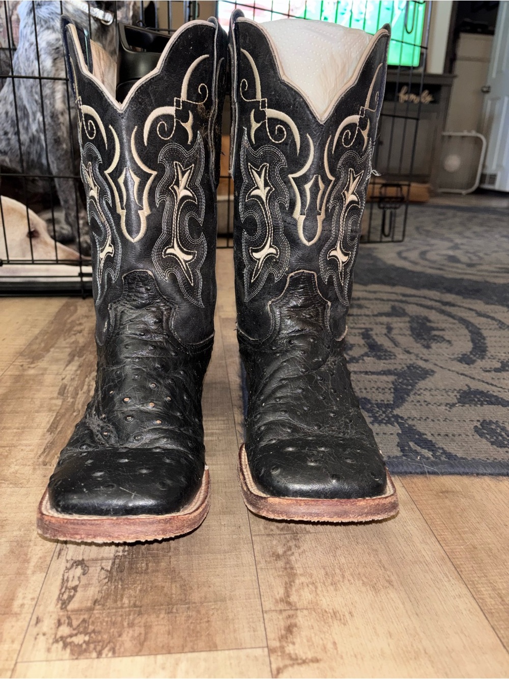 Boots Black and White Western Cowboy Boots with Embroidered Inlay